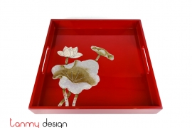 Red square lacquer tray hand-painted with lotus 30cm